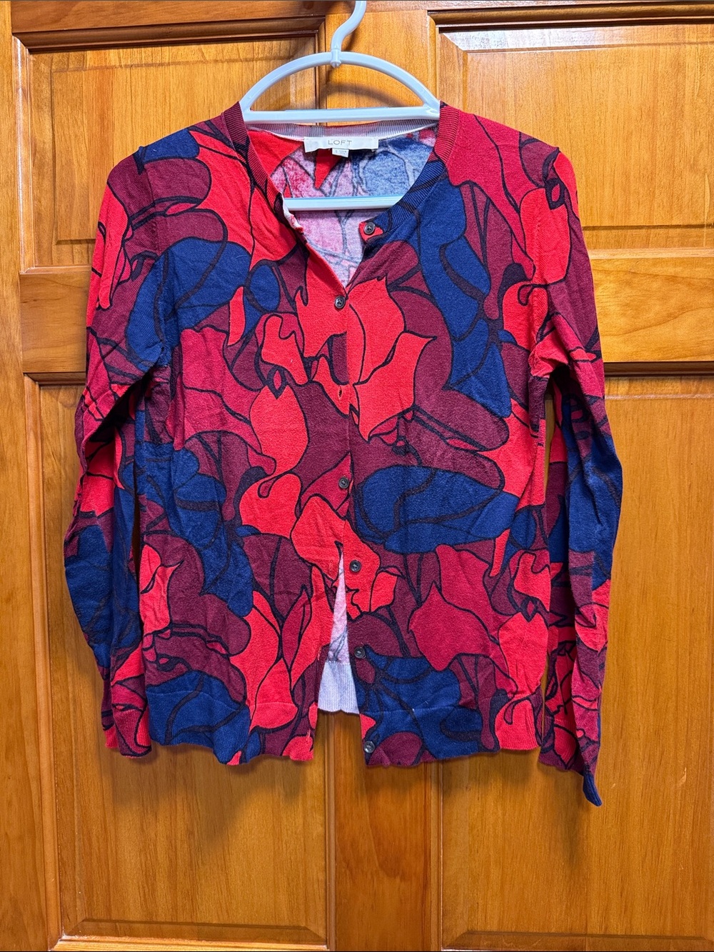 LOFT Red and Blue Abstract Floral Cardigan